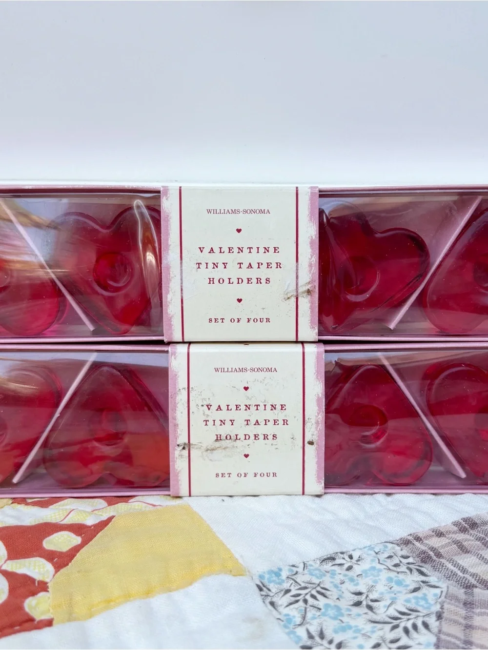 2002 Williams Sonoma Tiny Taper Candle Holders Red Hearts Valentines Glass 8